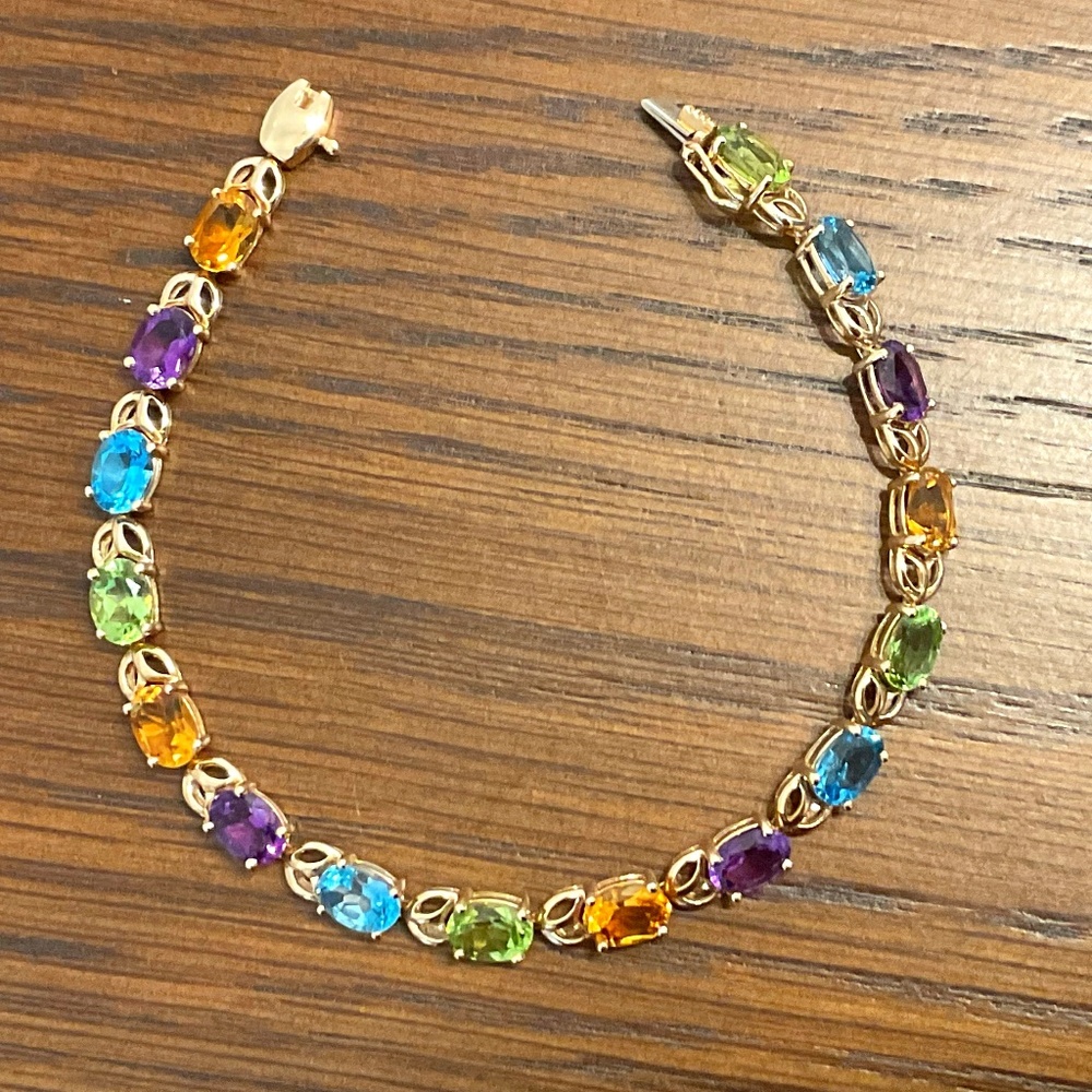 Pretty 7" Sixteen Multicolor Gemstone Tennis Bracelet Stamped 14K